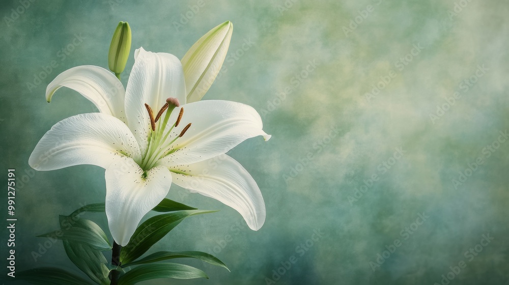 A delicate white lily blooming against a soft green background, symbolizing purity and elegance in nature. A delicate white lily blooming against a soft green background, symbolizing purity and elegance in nature.