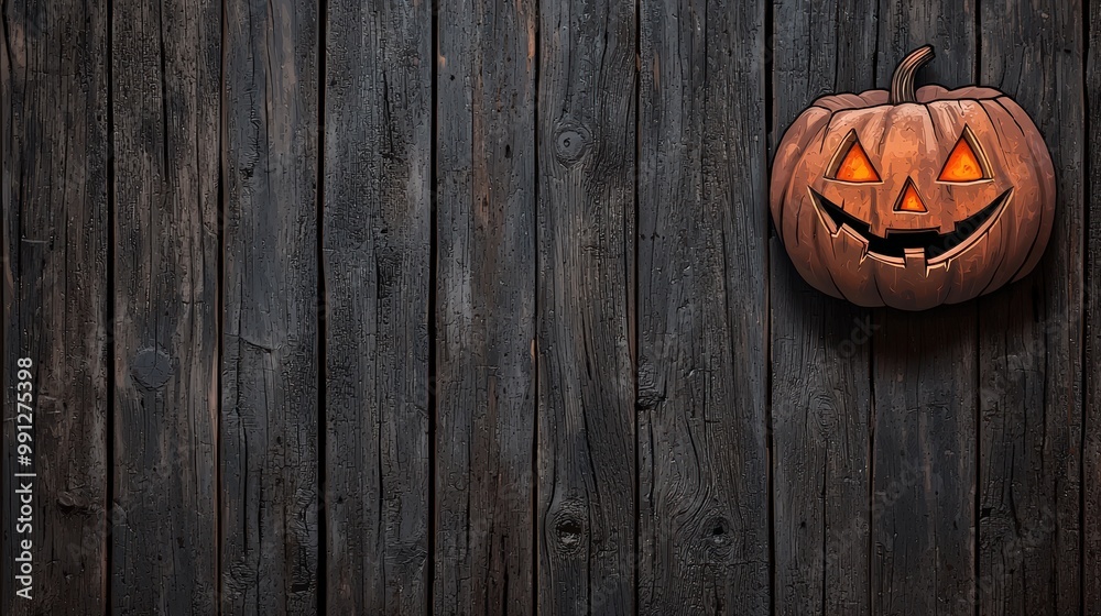 Carved pumpkin with glowing eyes on rustic wooden background, Halloween theme. Carved pumpkin with glowing eyes on rustic wooden background, Halloween theme.