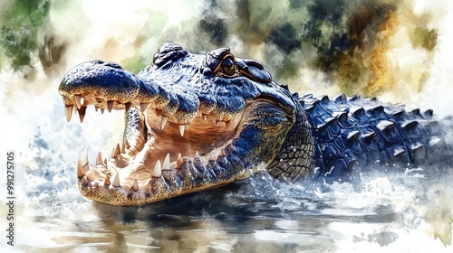 A fierce alligator emerges from water, showcasing sharp teeth and textured skin in a vibrant, natural setting. photo