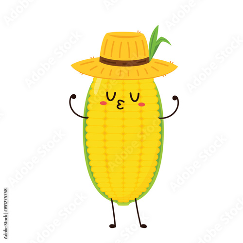 Corn cartoon vector. Cute vegetable vector character isolated on white. Corn mascot.