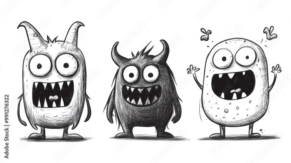 Cute monsters drawn in black and white, perfect for Halloween designs with customizable text options Cute monsters drawn in black and white, perfect for Halloween designs with customizable text options