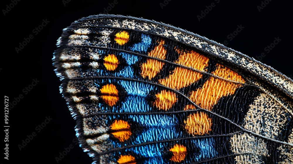 A detailed close-up of a butterfly wing, showing its vibrant patterns of orange, blue, and black, highlighting nature's intricate beauty. A detailed close-up of a butterfly wing, showing its vibrant patterns of orange, blue, and black, highlighting nature's intricate beauty.