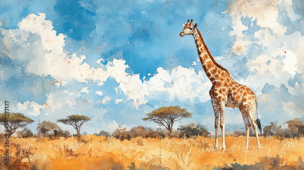 Obraz premium A majestic giraffe stands gracefully in a vibrant watercolor landscape, showcasing the beauty of the African savanna.