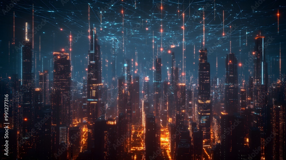 A futuristic city skyline at night, with glowing digital networks connecting the skyscrapers, showcasing a technologically advanced metropolis. A futuristic city skyline at night, with glowing digital networks connecting the skyscrapers, showcasing a technologically advanced metropolis.