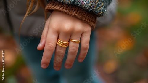 Gold Rings on a Woman's Hand. Stylish rings on the hand