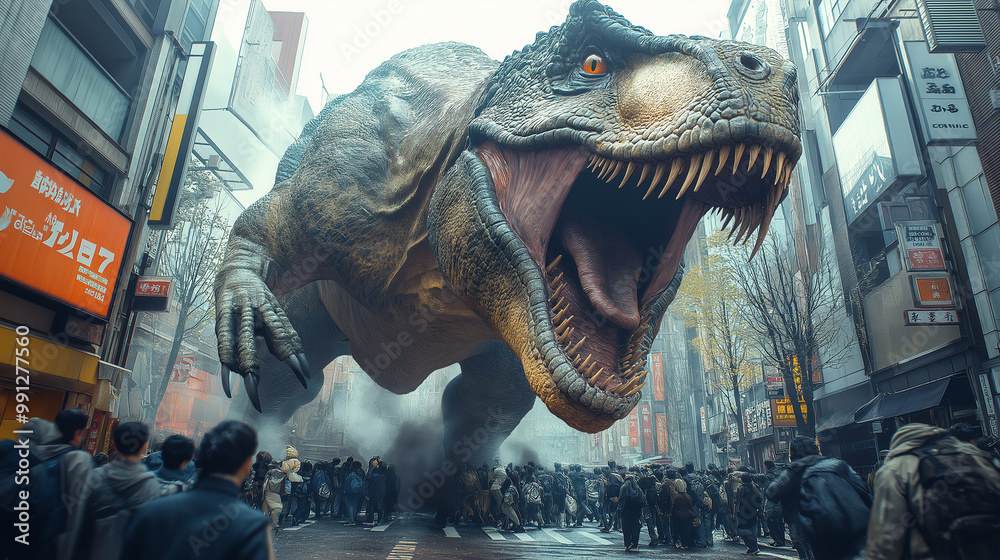 Fototapeta premium 恐竜に襲われる人々