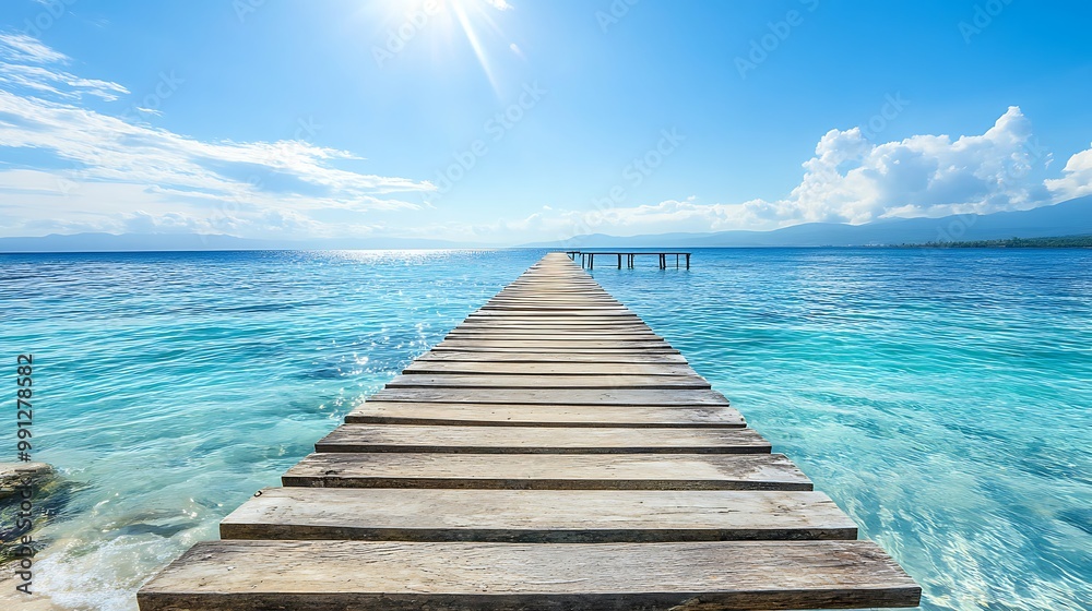 Fototapeta premium Wooden pier extending into the turquoise ocean, under a bright blue sky and sunny weather, ideal for tropical vacation concepts.