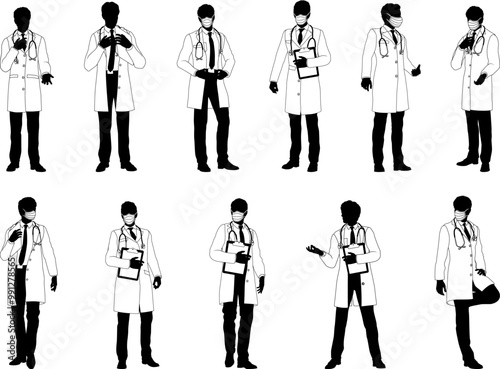 Silhouette doctor men medical healthcare people in lab coats. Some holding a clipboard or wearing PPE masks.