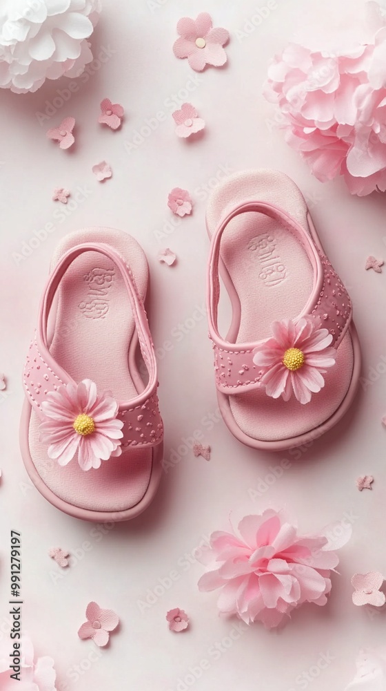 Delicate pink baby sandals adorned with dainty flowers, surrounded by soft paper blossoms and petals, create a dreamy and feminine nursery scene. Delicate pink baby sandals adorned with dainty flowers, surrounded by soft paper blossoms and petals, create a dreamy and feminine nursery scene.