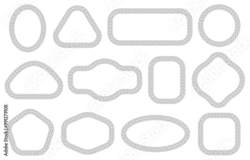 Collection of vector celtic wicker frames in round, square and triangular shapes. Sennit decorative border for design, vintage elements isolated on white background