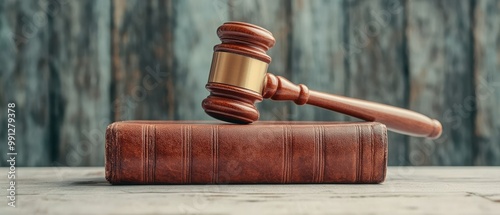 Gavel and law book on wooden surface