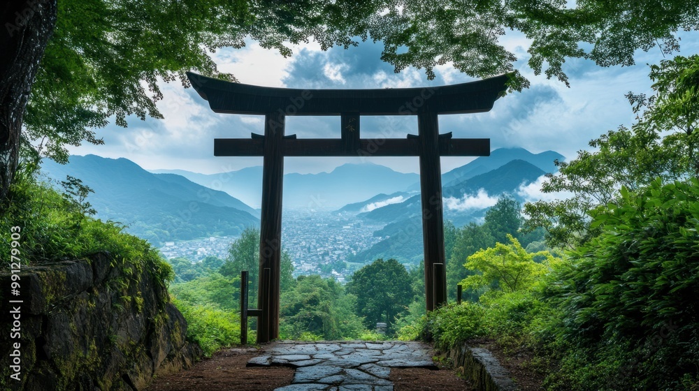 Traditional Japanese torii gate at the entrance of a shrine, surrounded by lush greenery and mountains in the distance. Traditional Japanese torii gate at the entrance of a shrine, surrounded by lush greenery and mountains in the distance.