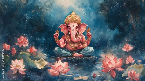 A serene depiction of Lord Ganesha surrounded by lotus flowers, symbolizing peace, wisdom, and prosperity in a mystical setting.