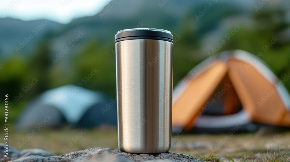 Stainless steel tubmler on rock in front of tents