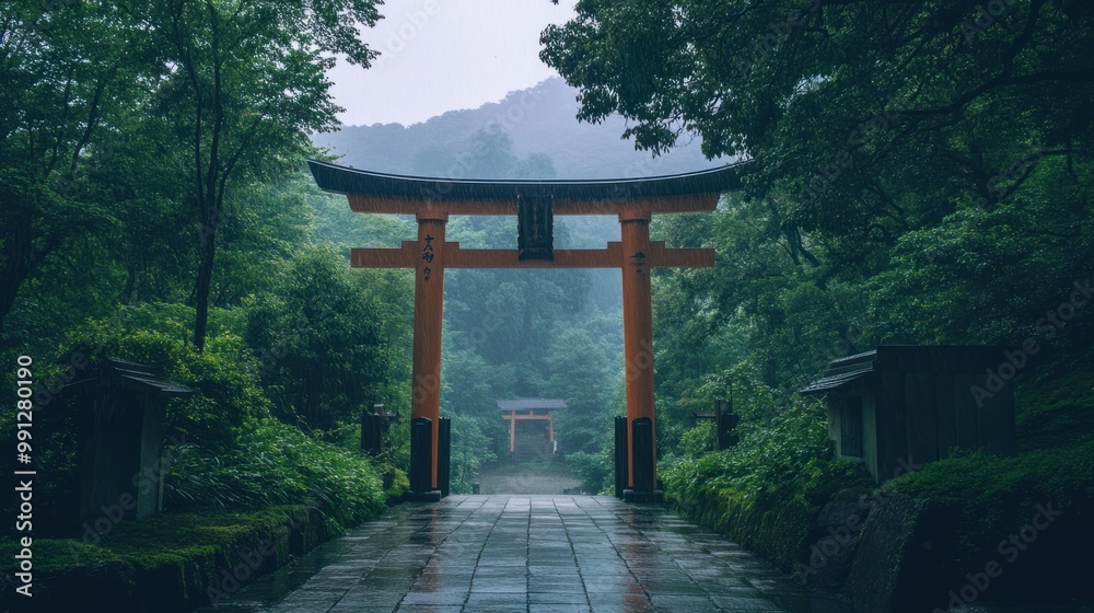 Traditional Japanese torii gate at the entrance of a shrine, surrounded by lush greenery and mountains in the distance. Traditional Japanese torii gate at the entrance of a shrine, surrounded by lush greenery and mountains in the distance.
