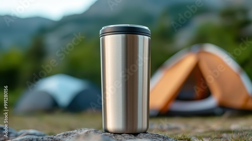 Obraz na płótnie Stainless steel tubmler on rock in front of tents w salonie