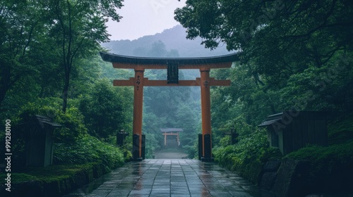 Traditional Japanese torii gate at the entrance of a shrine, surrounded by lush greenery and mountains in the distance.