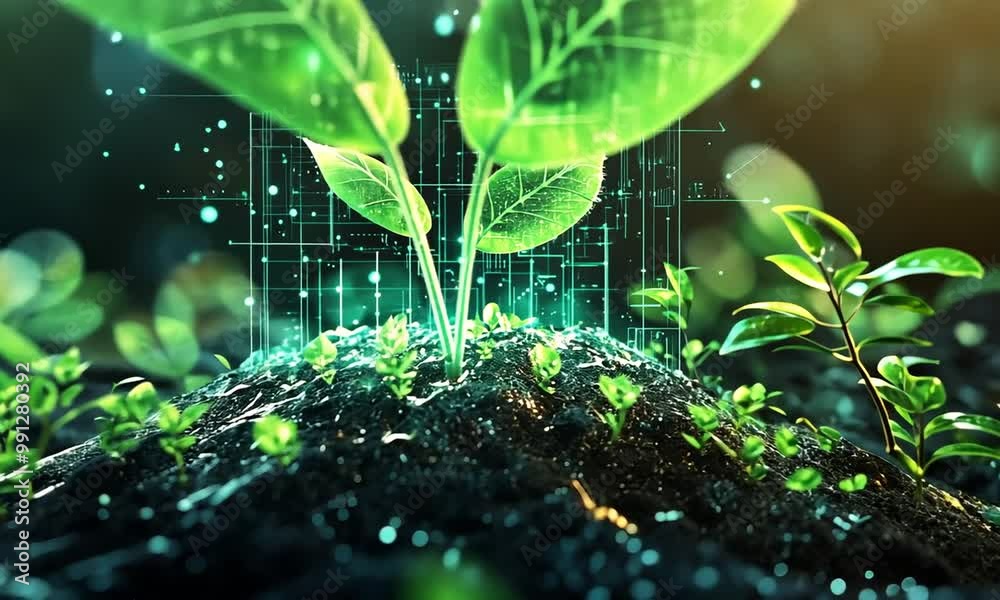 digital composite of green sprout growing against black background