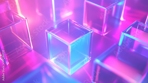 Abstract background with glowing neon cubes reflecting on surface