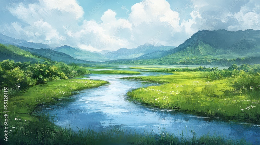 Obraz premium A serene landscape featuring a winding river, lush greenery, and distant mountains under a bright blue sky with fluffy clouds.