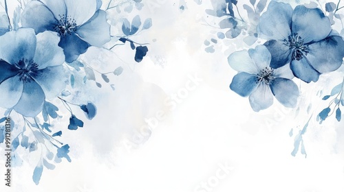 Fototapeta Naklejka Na Ścianę i Meble -  Elegant blue watercolor floral design on a white background, featuring intricate flowers in a delicate, artistic style