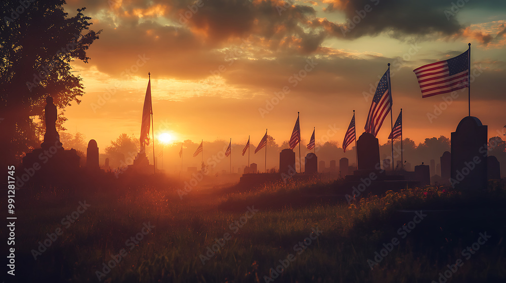 Naklejka premium Cemetery at sunrise with rows of military graves, American flags waving in the breeze