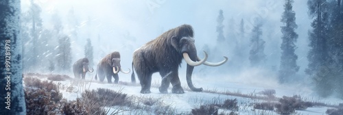 Three mammoths walking through a snowy forest. The elephants are large and have long tusks. The scene is peaceful and serene, with the snow-covered ground