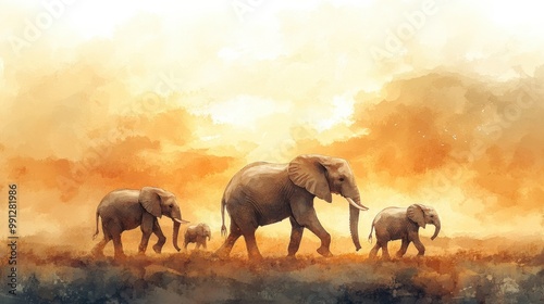 A serene scene featuring a herd of elephants walking together through a picturesque landscape at sunset. photo