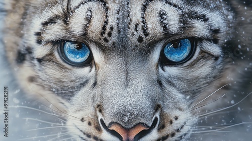 a snow leopard with a powerful stare, showcasing its fierce and majestic nature in the wild, a rare and beautiful predator of the snow-capped mountains