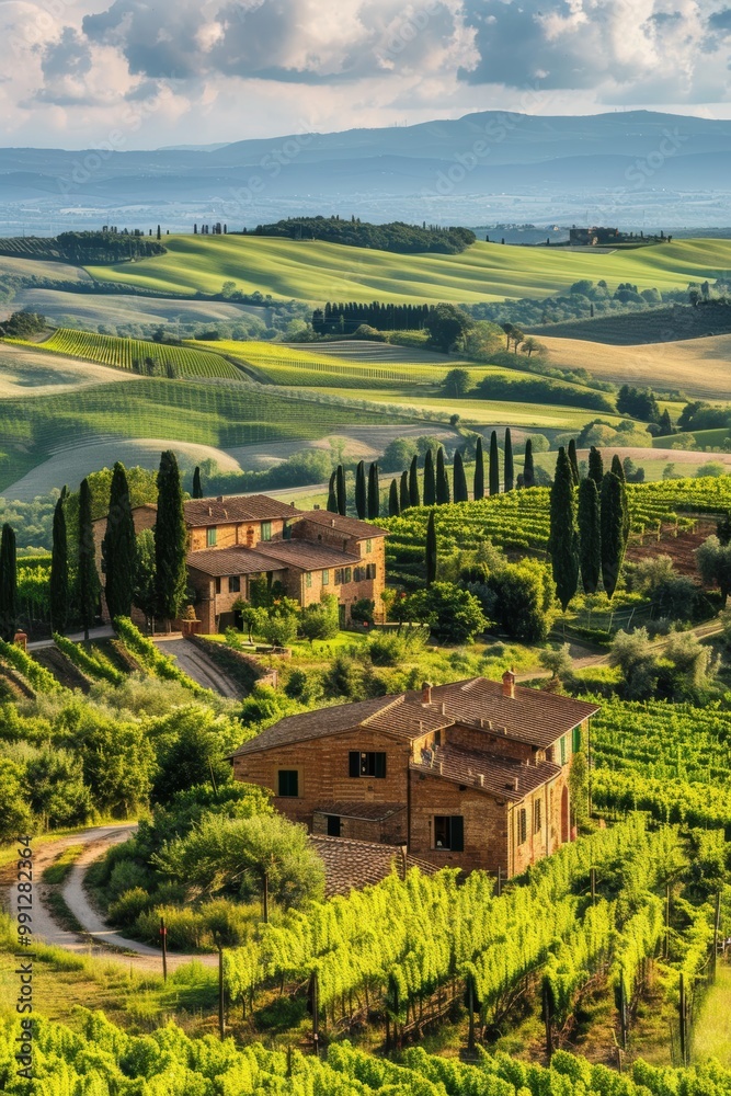 Fototapeta premium Beautiful landscape of grape plantation farm land winery