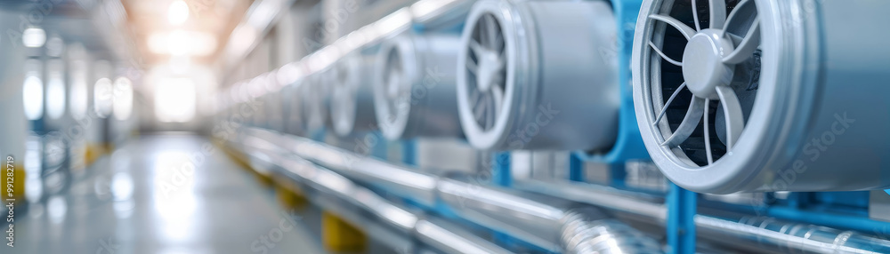 A sustainable cooling system in an industrial setting, showcasing eco-friendly cooling technology and energy-efficient practices, emphasizing use of renewable energy and environmental sustainability.