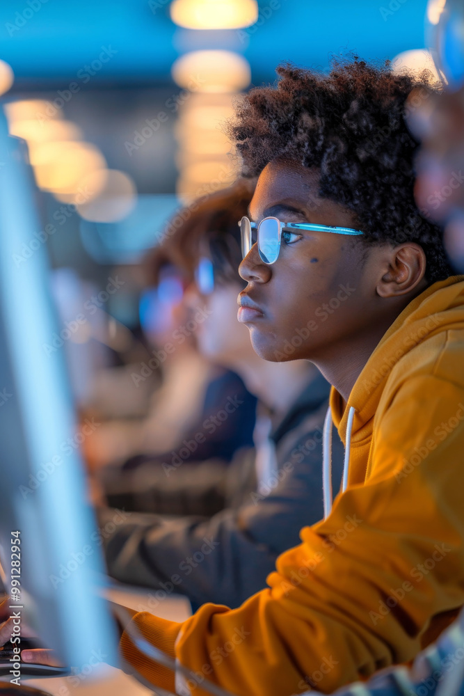 A teenager participating in a coding bootcamp. Growing importance of technical skills, hands-on learning, and collaboration in a modern classroom environment. Digital development and future careers. A teenager participating in a coding bootcamp. Growing importance of technical skills, hands-on learning, and collaboration in a modern classroom environment. Digital development and future careers.