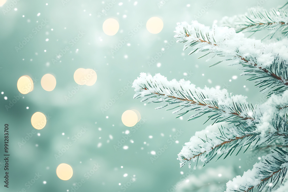 Mint Christmas Background with Snow-Covered Trees Mint Christmas Background with Snow-Covered Trees