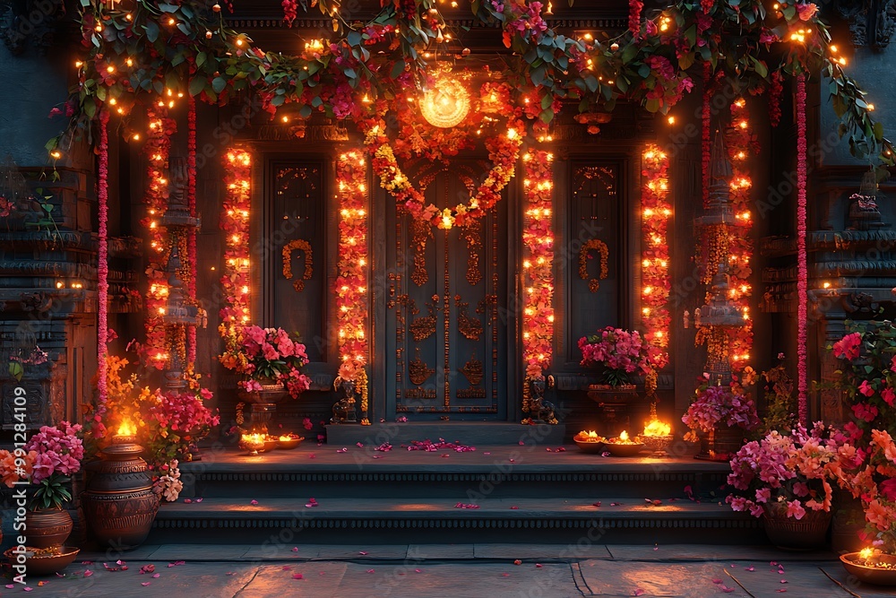 Ornate Temple Entrance Decorated with Flowers, Lanterns, and String Lights Ornate Temple Entrance Decorated with Flowers, Lanterns, and String Lights