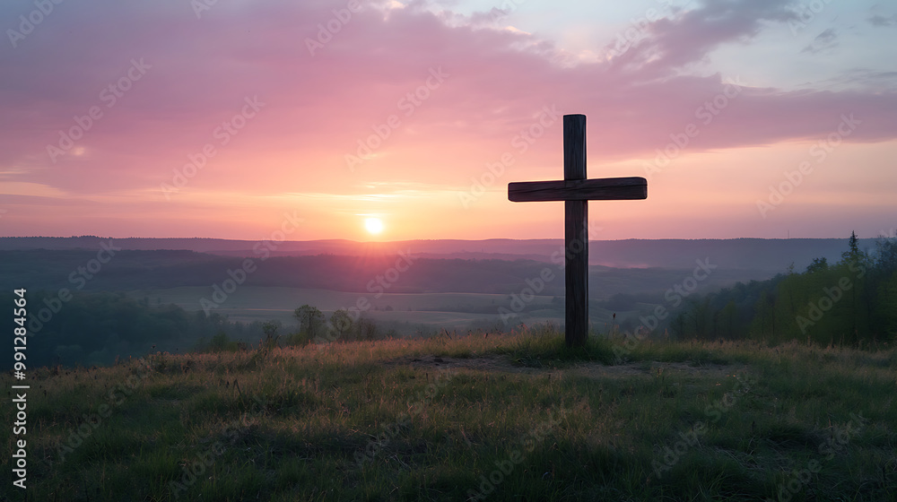 Peaceful Easter background with a wooden cross and a gentle sunrise over a tranquil landscape Peaceful Easter background with a wooden cross and a gentle sunrise over a tranquil landscape