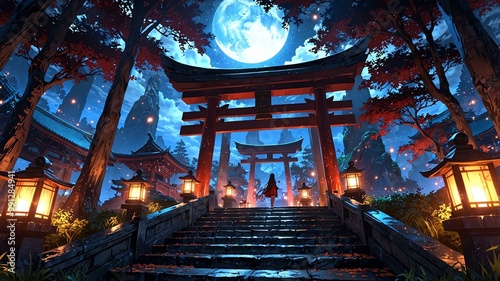 Wallpaper Mural anime style a mystical shrine scene with traditional Japanese elements like torii gates, anime-inspired mythical creatures, and soft, ethereal lighting background Torontodigital.ca