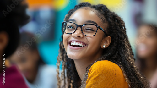 Black students excitedly participating in a classroom activity, with a backdrop of a colourful and engaging educational environment