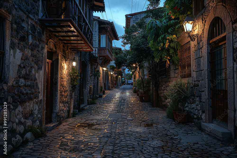 Fototapeta premium A narrow cobblestone street with old buildings along it. A quiet dusk.