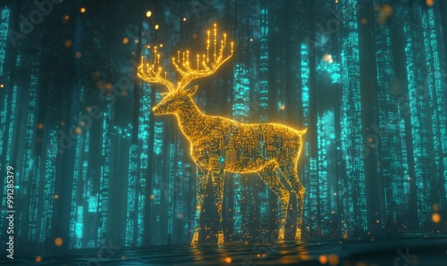 Digital deer stands in a glowing forest. photo