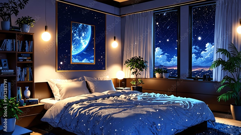 anime style a serene animeinspired bedroom with a large, cozy bed ...