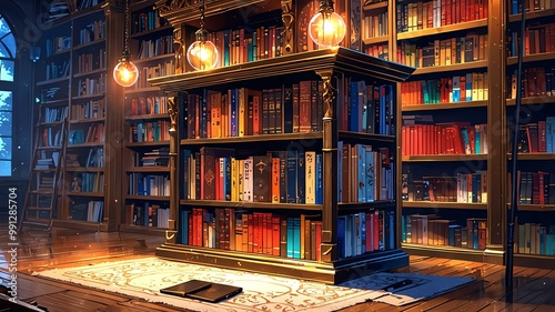 anime style an enchanted bookshelf filled with colorful manga volumes, mystical artifacts like enchanted scrolls and crystals, and a softly glowing lamp shaped like an anime character’s head 