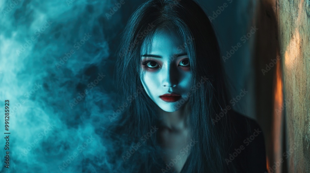 Close up of face asian woman with horror ghost makeup background wallpaper AI generated image