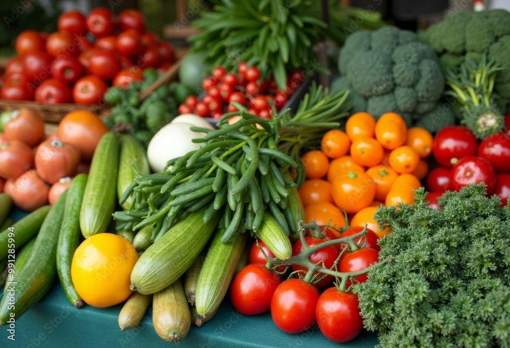 Colorful Fresh Vegetables Displayed on Table at Farmer's Market Colorful Fresh Vegetables Displayed on Table at Farmer's Market