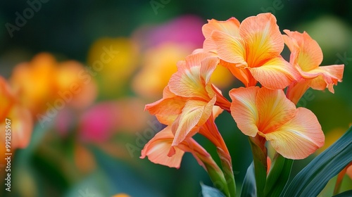 Vibrant peach-colored canna lilies bloom in lush garden, their delicate petals unfurling against a soft, blurred background of green foliage and colorful flora.