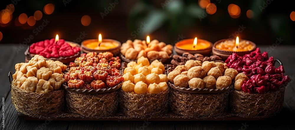 Assorted Sweets and Candles in a Golden Tray