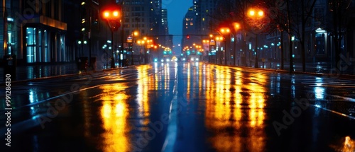 City street at night with rain-soaked pavement reflecting streetlights.