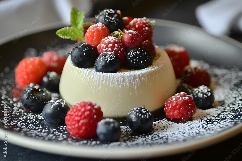 Delicious Panna Cotta with Berries and Powdered Sugar Delicious Panna Cotta with Berries and Powdered Sugar