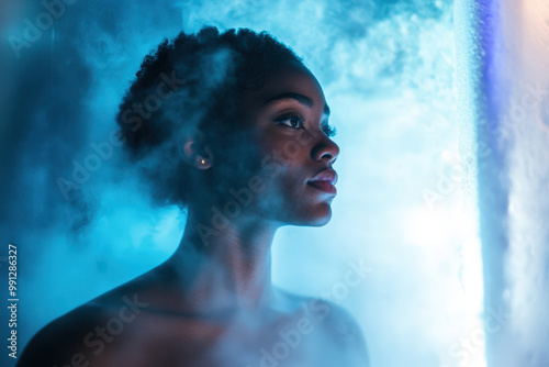 Young woman is undergoing a brainwave entrainment session while standing in a cryo sauna photo