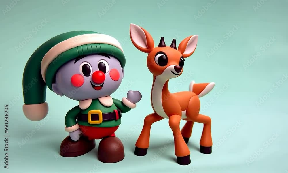 Zoom sur un lutin du Père Noël et un renne du traîneau en pâte à modeler,  univers légendaire de Noël