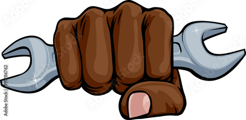 A fist hand holding a wrench or spanner in a comic book pop art cartoon illustration style.